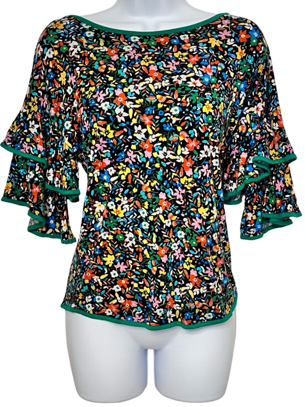 Women’s Floral Ruffle-Sleeve Blouse in Black with Green Trim